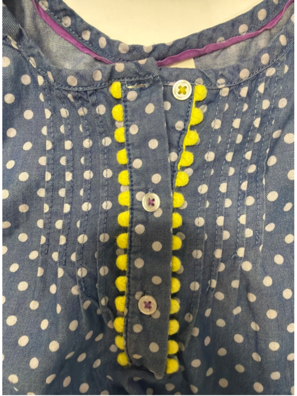 Toddler Girls Mini Boden Blue Polka Dot Romper with Yellow Trim 18-24 Months - Picture 2 of 6